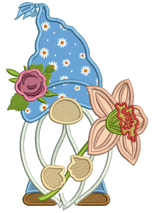 Gnome Holding Big Flower Applique Machine Embroidery Design Digitized Pattern