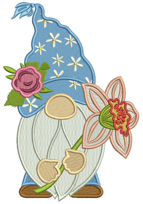 Gnome Holding Big Flower Filled Machine Embroidery Design Digitized Pattern
