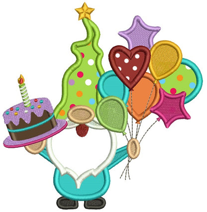 Gnome Holding Birthday Cake And Balloons Applique Machine Embroidery Design Digitized Pattern