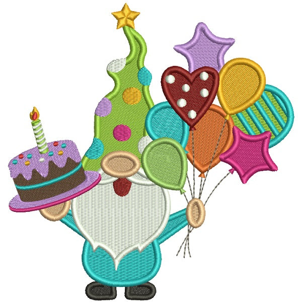 Gnome Holding Birthday Cake And Balloons Filled Machine Embroidery Design Digitized Pattern