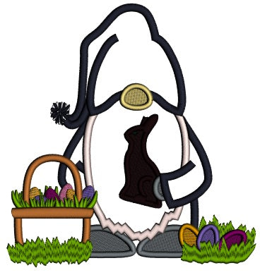Gnome Holding Chocolate Bunny Easter Applique Machine Embroidery Design Digitized Pattern