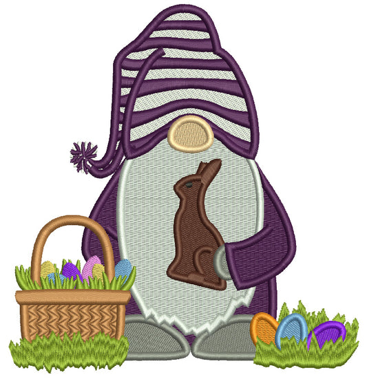 Gnome Holding Chocolate Bunny Easter Filled Machine Embroidery Design Digitized Pattern