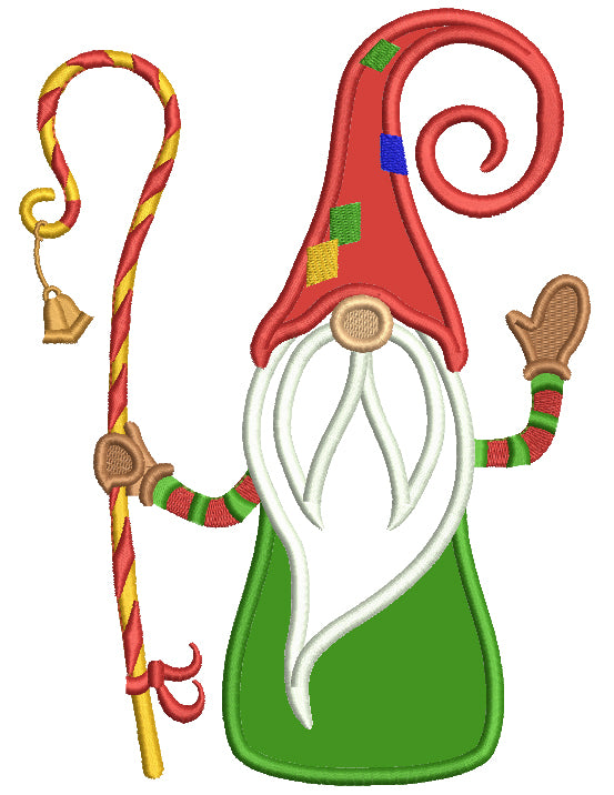Gnome Holding Christmas Cane With a Bell Applique Machine Embroidery Design Digitized Pattern