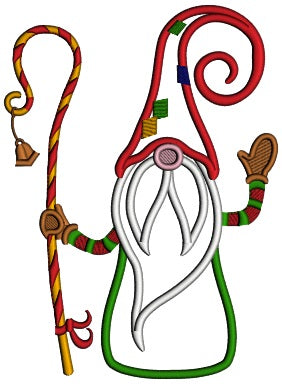 Gnome Holding Christmas Cane With a Bell Applique Machine Embroidery Design Digitized Pattern