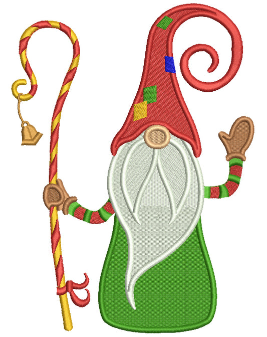 Gnome Holding Christmas Cane With a Bell Filled Machine Embroidery Design Digitized Pattern