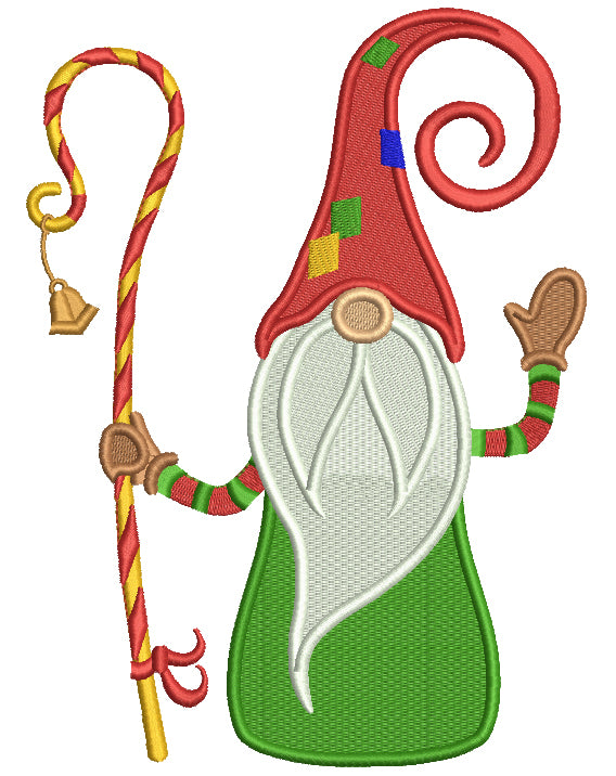 Gnome Holding Christmas Cane With a Bell Filled Machine Embroidery Design Digitized Pattern