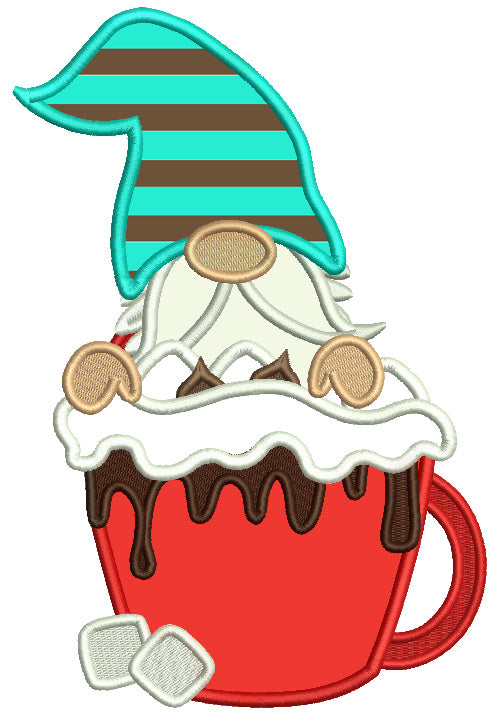 Gnome Holding Cup Covered With Chocolate Christmas Applique Machine Embroidery Design Digitized Pattern