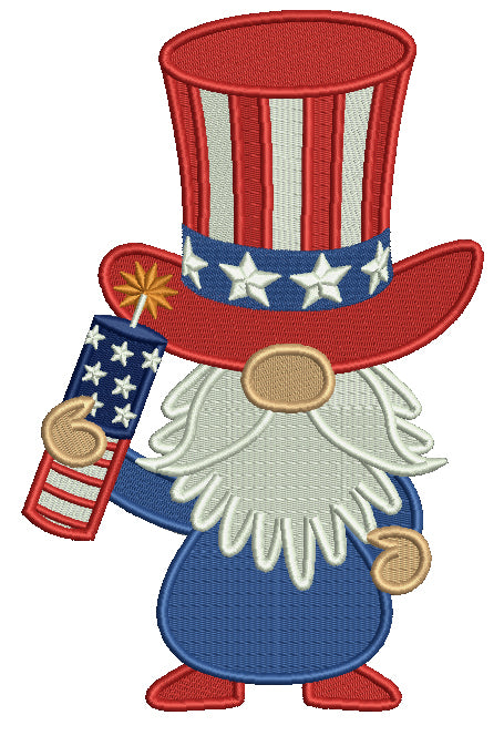 Gnome Holding Firecracker Independence Day Filled Machine Embroidery Design Digitized Pattern