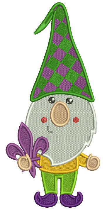 Gnome Holding Fleur-de-lis Mardi Gras Filled Machine Embroidery Design Digitized Pattern