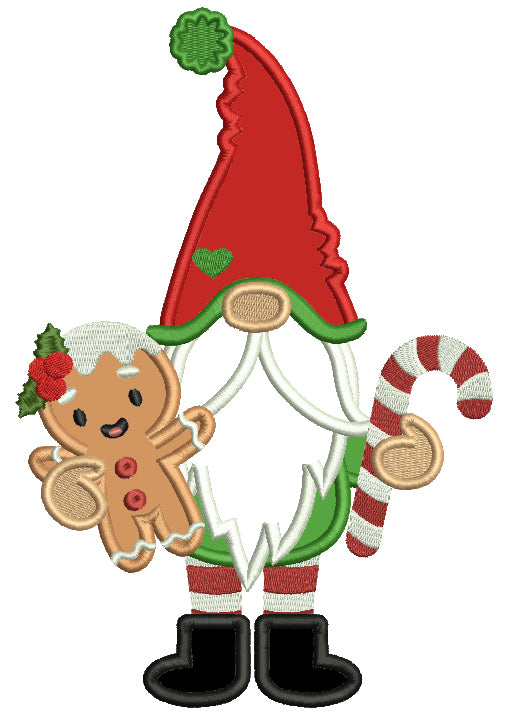 Gnome Holding Gingerbread Man Christmas Applique Machine Embroidery Design Digitized Pattern
