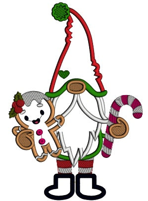 Gnome Holding Gingerbread Man Christmas Applique Machine Embroidery Design Digitized Pattern