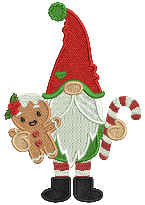Gnome Holding Gingerbread Man Christmas Filled Machine Embroidery Design Digitized Pattern