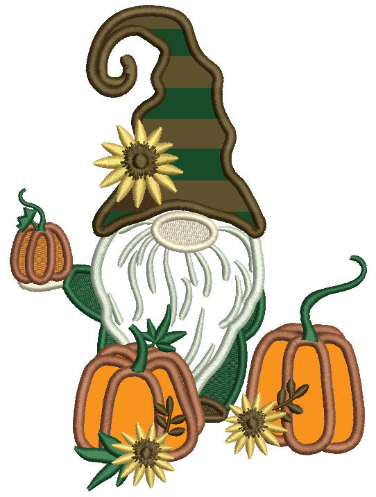 Gnome Holding Halloween Pumpkin With Flowers Applique Machine Embroidery Design Digitized Pattern