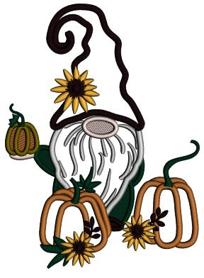 Gnome Holding Halloween Pumpkin With Flowers Applique Machine Embroidery Design Digitized Pattern