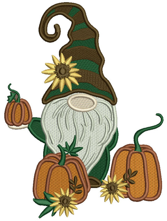 Gnome Holding Halloween Pumpkin With Flowers Filled Machine Embroidery Design Digitized Pattern