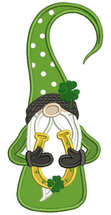 Gnome Holding Horseshoe St.Patrick's Day Applique Machine Embroidery Design Digitized Pattern