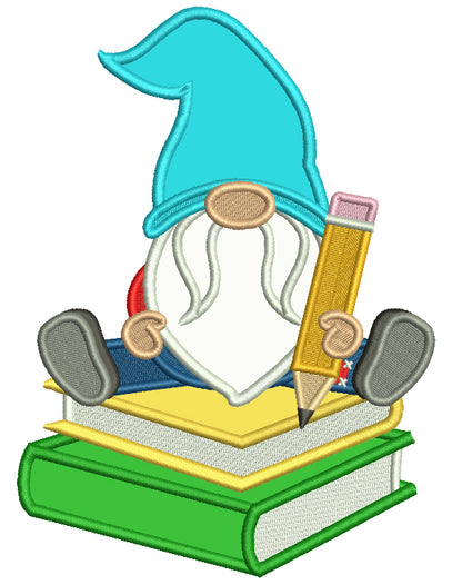 Gnome Holding Pencil Sitting On Books School Applique Machine Embroidery Design Digitized Pattern