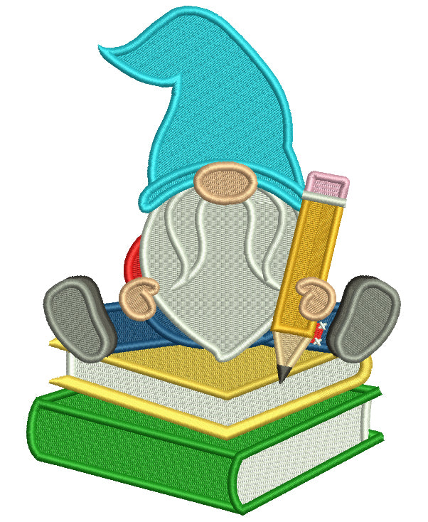 Gnome Holding Pencil Sitting On Books School Filled Machine Embroidery Design Digitized Pattern