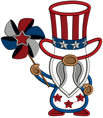 Gnome Holding Pinwheel 4th Of July Patriotic Applique Machine Embroidery Design Digitized Pattern