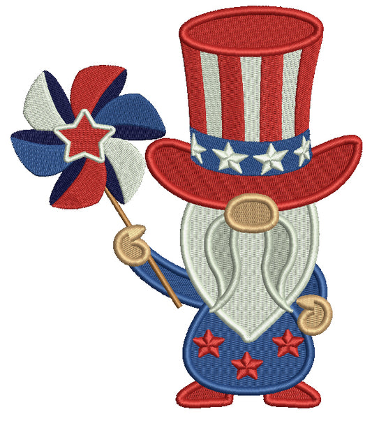 Gnome Holding Pinwheel 4th Of July Patriotic Filled Machine Embroidery Design Digitized Pattern