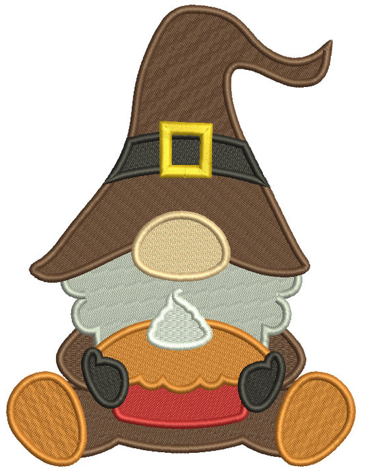 Gnome Holding Pumpkin Pie Thanksgiving Filled Machine Embroidery Design Digitized Pattern