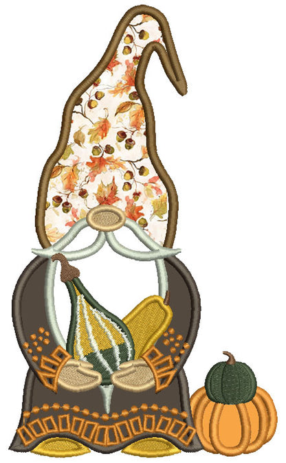 Gnome Holding Pumpkins And Wearing Big Hat Halloween Applique Machine Embroidery Design Digitized Pattern