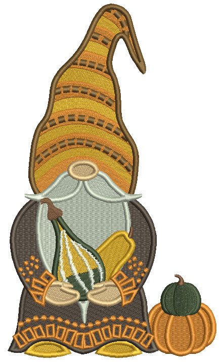 Gnome Holding Pumpkins And Wearing Big Hat Halloween Filled Machine Embroidery Design Digitized Pattern