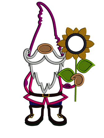 Gnome Holding Sunflower Applique Machine Embroidery Design Digitized Pattern