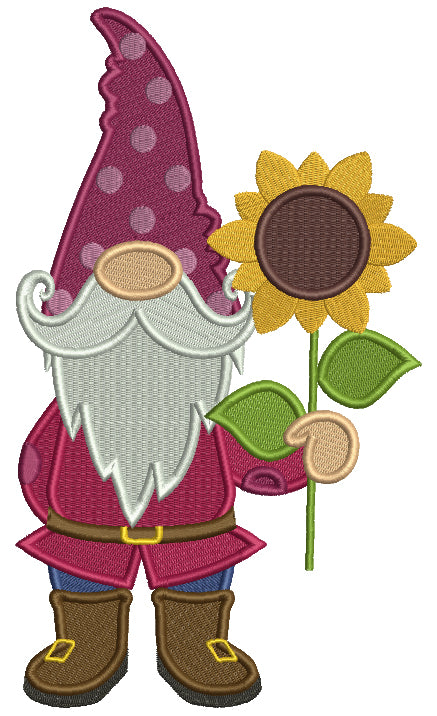 Gnome Holding Sunflower Filled Machine Embroidery Design Digitized Pattern