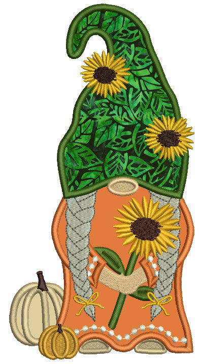 Gnome Holding Sunflower With Pumpkins Halloween Applique Machine Embroidery Design Digitized Pattern