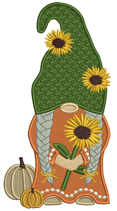 Gnome Holding Sunflower With Pumpkins Halloween Filled Machine Embroidery Design Digitized Pattern