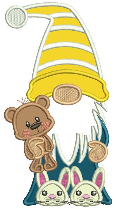 Gnome Holding Toy Bear Applique Machine Embroidery Design Digitized Pattern