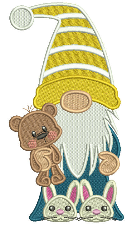 Gnome Holding Toy Bear Filled Machine Embroidery Design Digitized Pattern