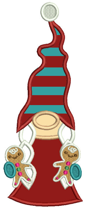 Gnome Holding Two Gingerbread Men Christmas Applique Machine Embroidery Design Digitized Pattern