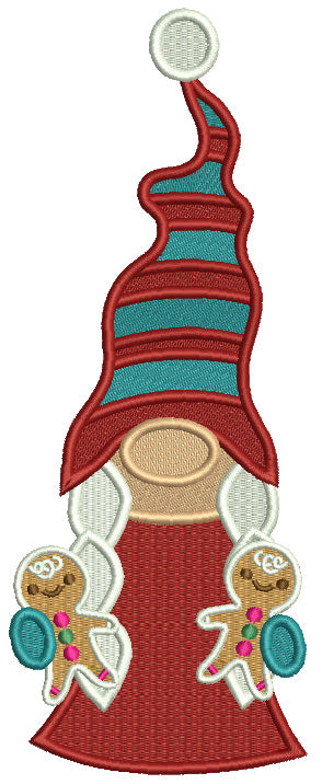 Gnome Holding Two Gingerbread Men Christmas Filled Machine Embroidery Design Digitized Pattern