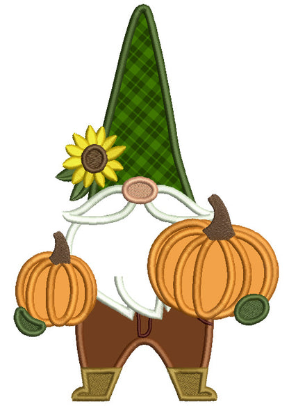 Gnome Holding Two Pumpkins Thanksgiving Applique Machine Embroidery Design Digitized Pattern