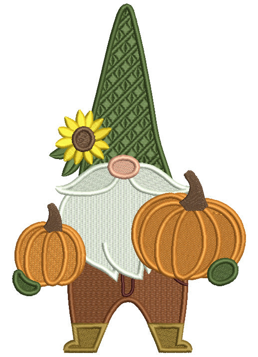 Gnome Holding Two Pumpkins Thanksgiving Filled Machine Embroidery Design Digitized Pattern