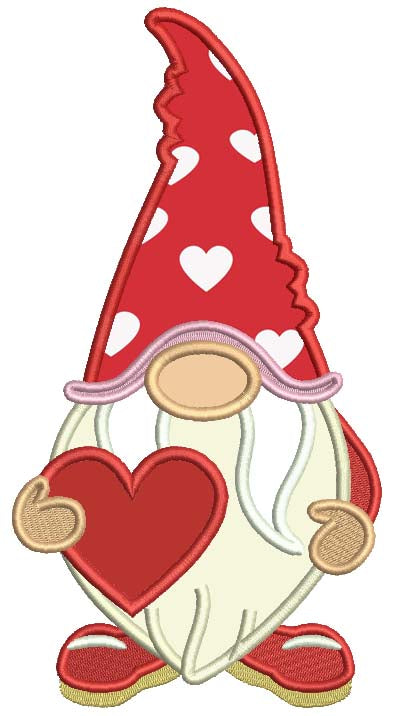 Gnome Holding a Big Heart Valentine's Day Applique Machine Embroidery Design Digitized Pattern