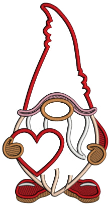 Gnome Holding a Big Heart Valentine's Day Applique Machine Embroidery Design Digitized Pattern