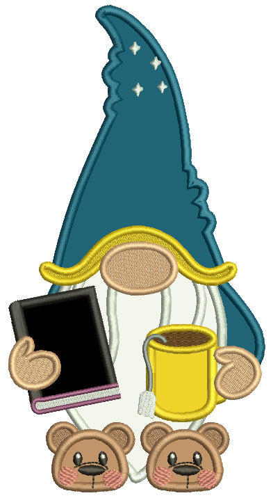 Gnome Holding a Book And a Cup Of Tea Applique Machine Embroidery Design Digitized Pattern