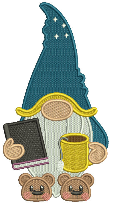 Gnome Holding a Book And a Cup Of Tea Filled Machine Embroidery Design Digitized Pattern