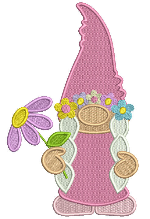 Gnome Holding a Flower Filled Easter Machine Embroidery Design Digitized Pattern