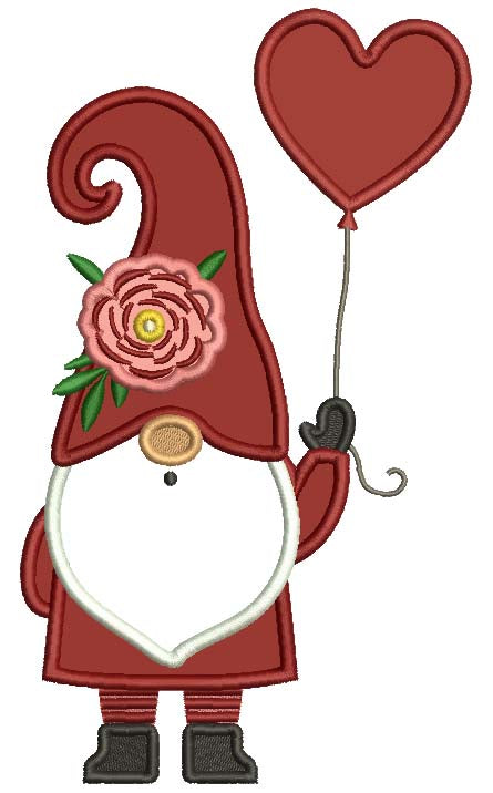 Gnome Holding a Heart Shaped Balloon Valentine's Day Applique Machine Embroidery Design Digitized Pattern