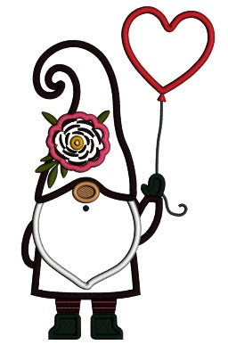 Gnome Holding a Heart Shaped Balloon Valentine's Day Applique Machine Embroidery Design Digitized Pattern