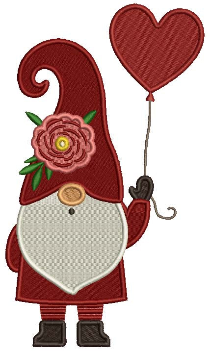 Gnome Holding a Heart Shaped Balloon Valentine's Day Filled Machine Embroidery Design Digitized Pattern