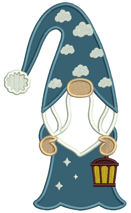 Gnome Holding a Lantern Applique Machine Embroidery Design Digitized Pattern