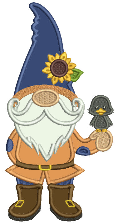 Gnome Holding a Little Crow Thanksgiving Applique Machine Embroidery Design Digitized Pattern