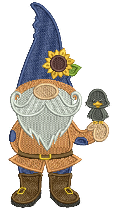 Gnome Holding a Little Crow Thanksgiving Filled Machine Embroidery Design Digitized Pattern