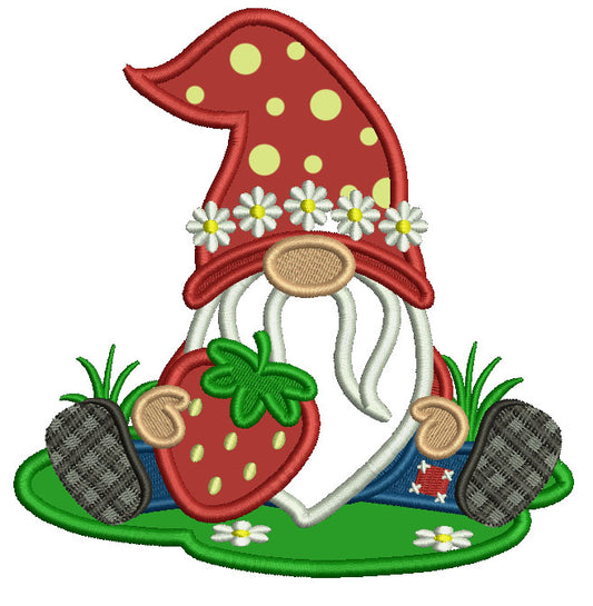 Gnome Holding a Strawberry Applique Machine Embroidery Design Digitized Pattern