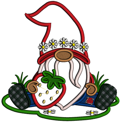 Gnome Holding a Strawberry Applique Machine Embroidery Design Digitized Pattern